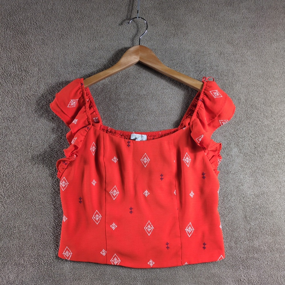 Sofia Jeans By Sofia Vergara Smocked Square Neck Ruffle Sleeve Crop Top Red L